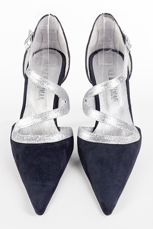 Navy blue and light silver women's open side shoes, with snake-shaped straps. Pointed toe. High slim heel. Top view - Florence KOOIJMAN